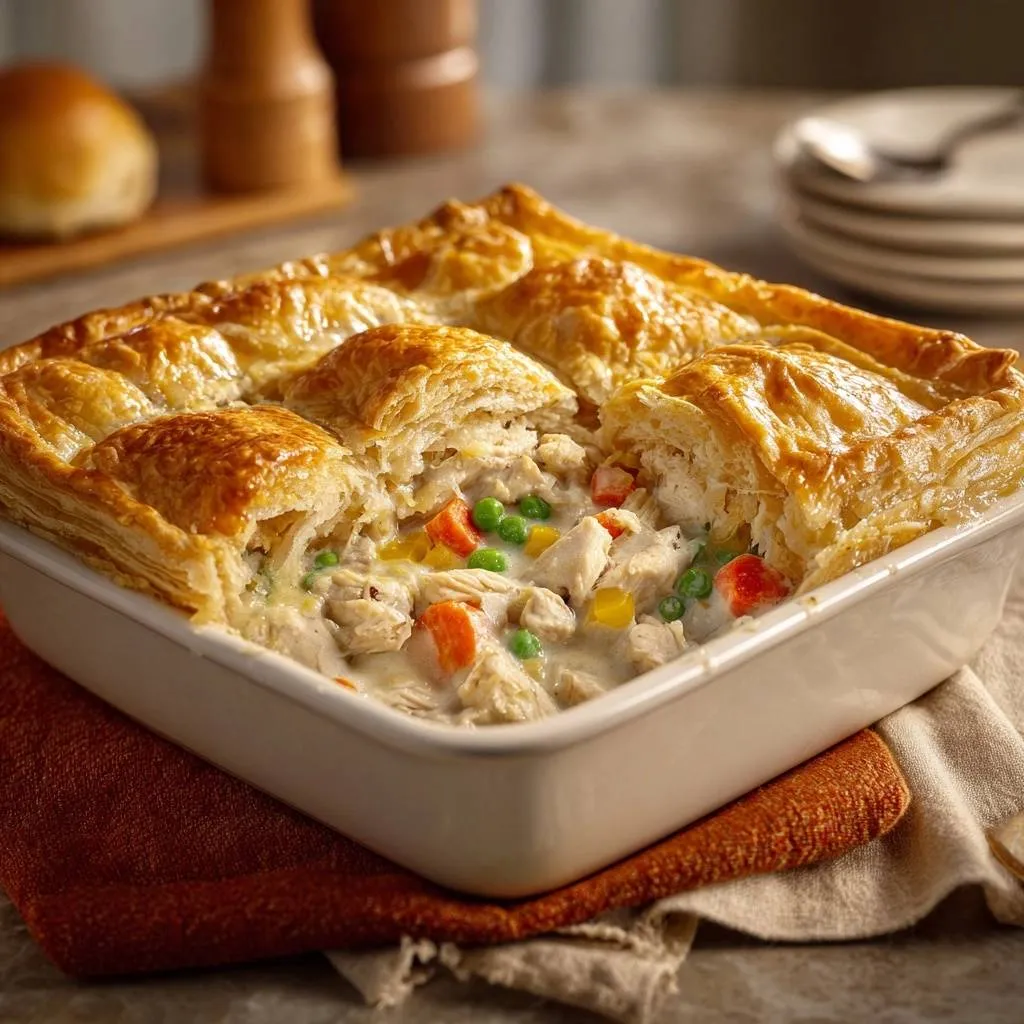 Flaky chicken pot pie with a golden, puffed crust, showing a close-up of the tender filling and vegetables.
