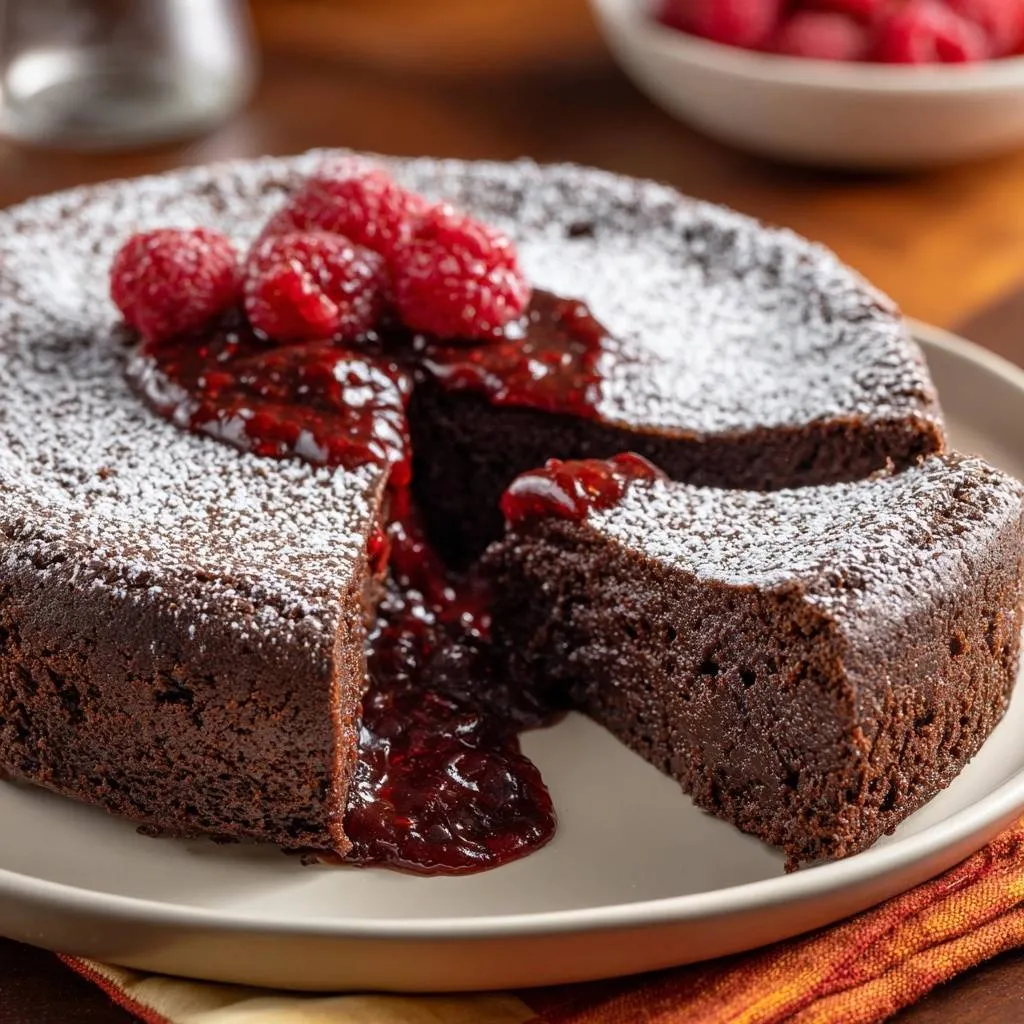 Flourless chocolate raspberry torte cross-section showing fudgy interior with raspberry sauce and fresh berries.