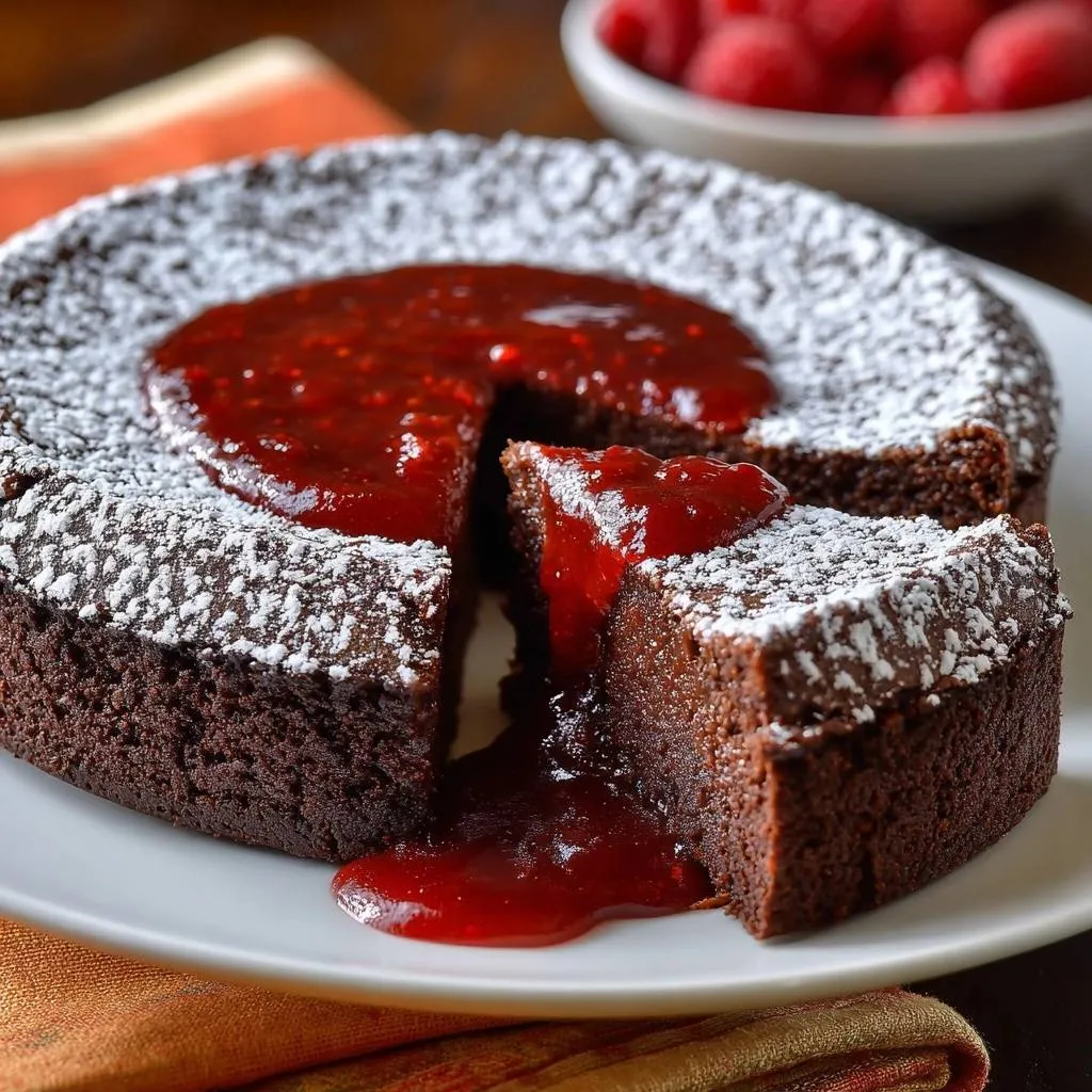 Flourless chocolate raspberry torte showing a fudgy interior with raspberry filling oozing out.
