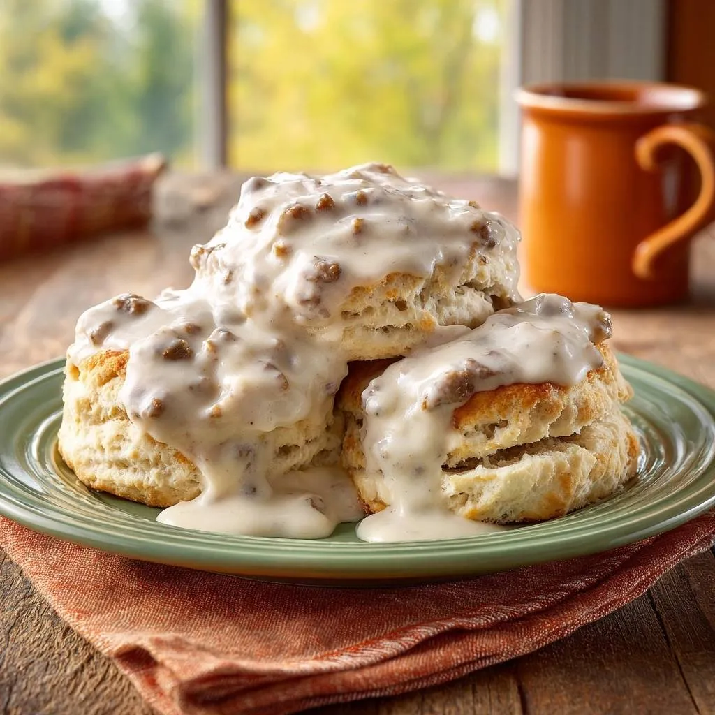 Fluffy biscuits and sausage gravy plated in a tall stack, with gravy dripping down the sides.