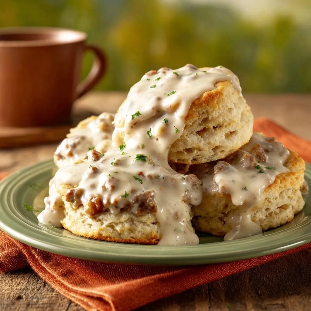 Fluffy biscuits and sausage gravy served as a plated stack on a green plate with a coffee cup in the background.