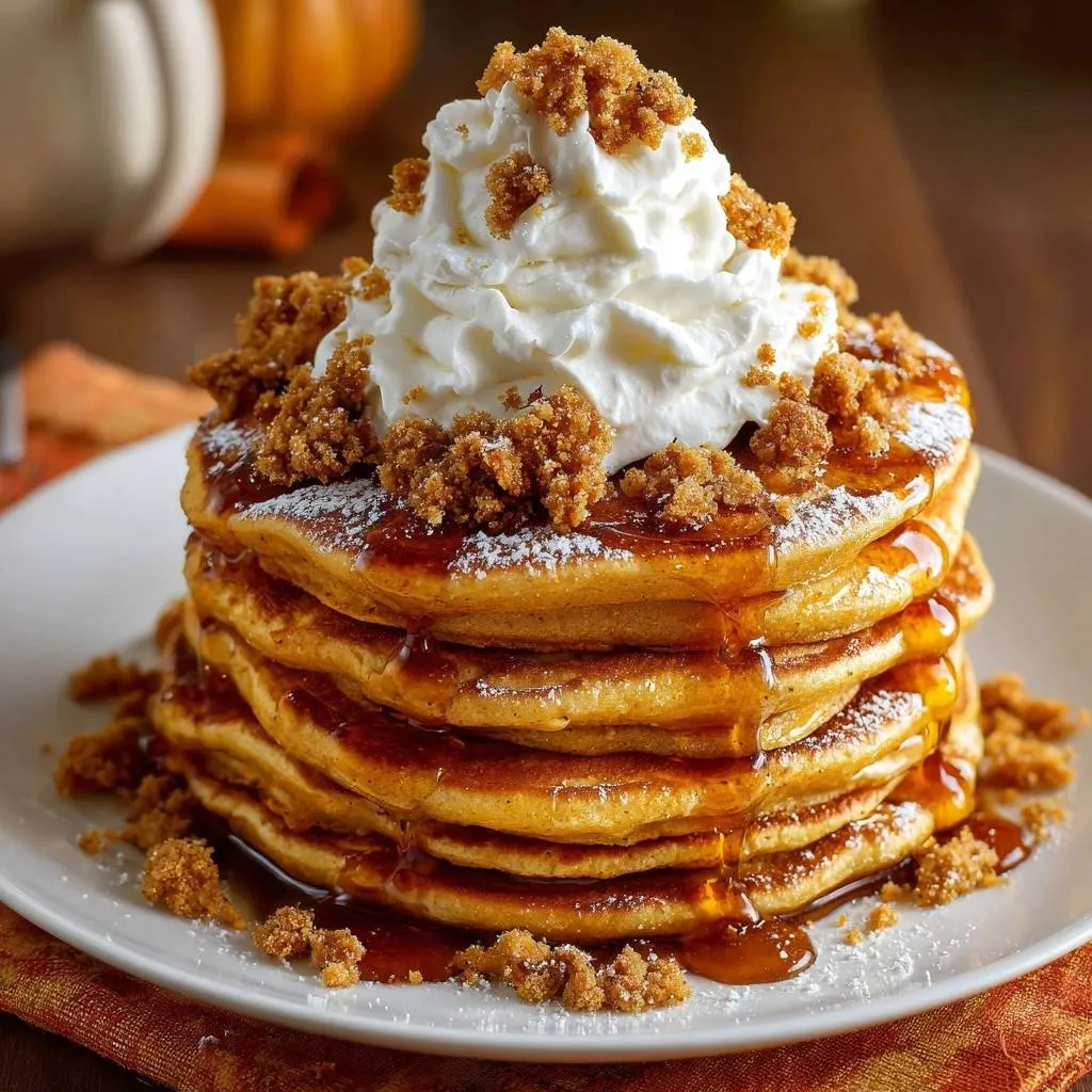 Fluffy pumpkin spice pancakes stacked tall, generously topped with whipped cream and streusel crumble.
