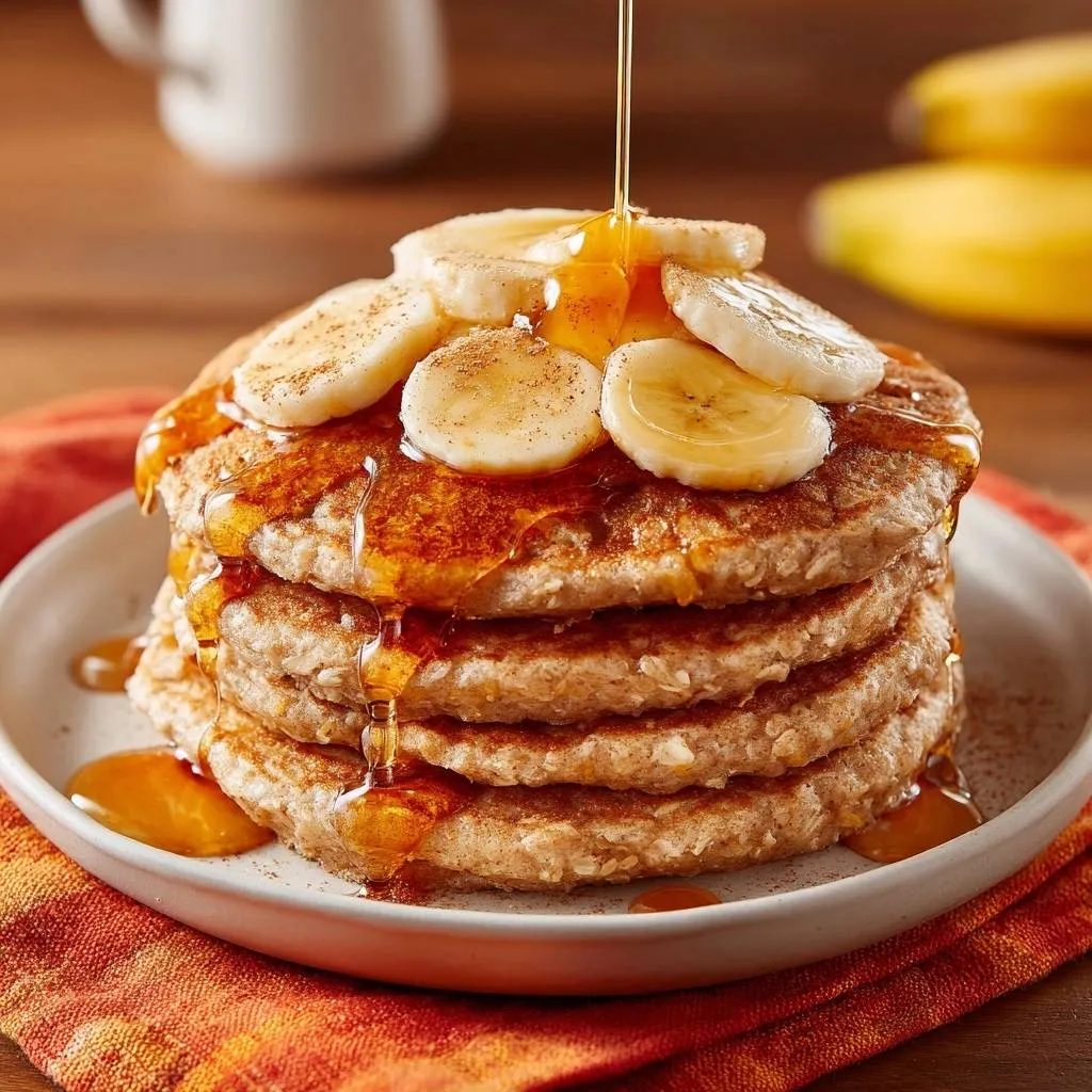 Fluffy whole grain banana pancakes are drizzled with syrup and topped with banana slices.