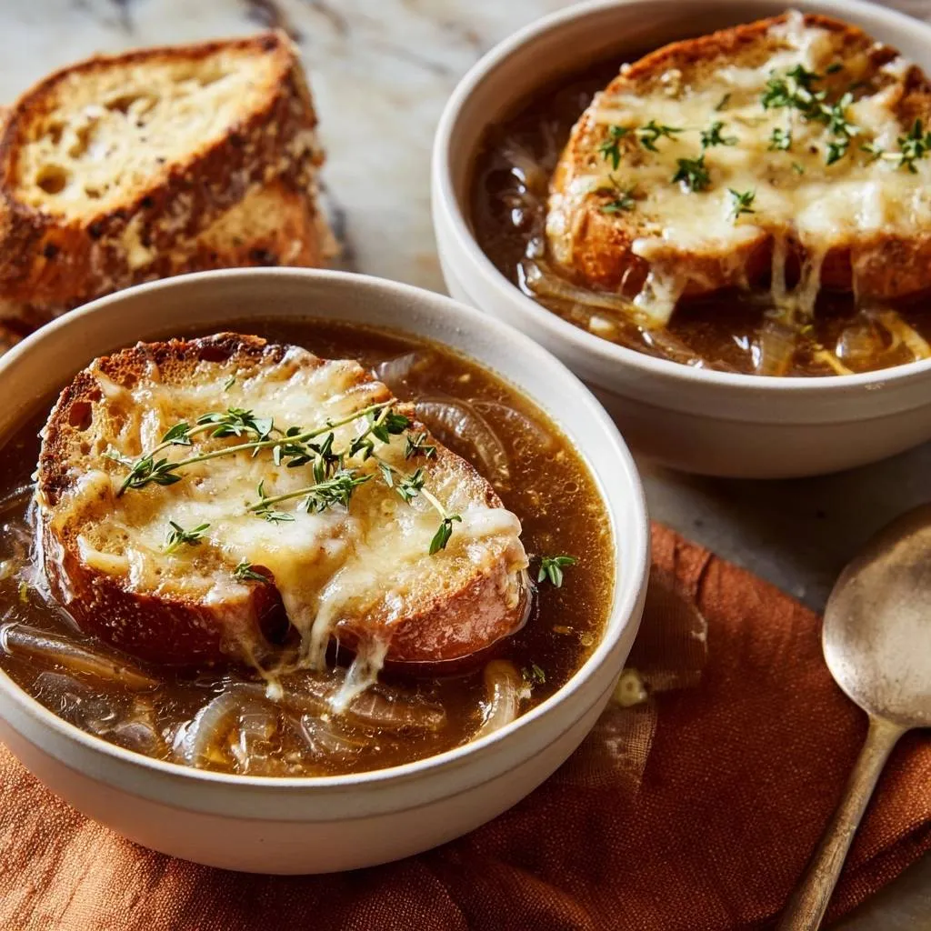 French onion soup with melted cheese croutons and fresh thyme, served in two bowls with toasted bread slices.