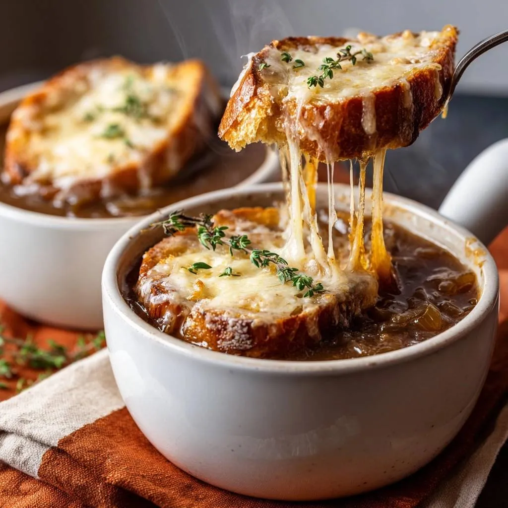 French onion soup with a bread crouton being lifted, showing a dramatic cheese pull over the steaming broth.