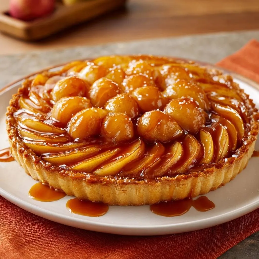 French pear tart with a glistening caramel drizzle and whole poached pears on top.