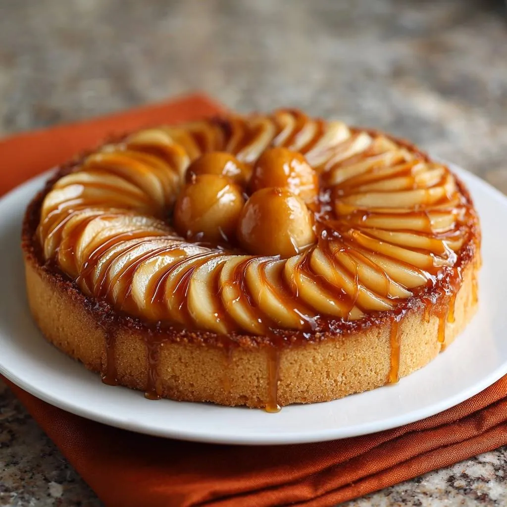 French pear tart with glazed pear slices arranged in a circle and caramel dripping down the side.