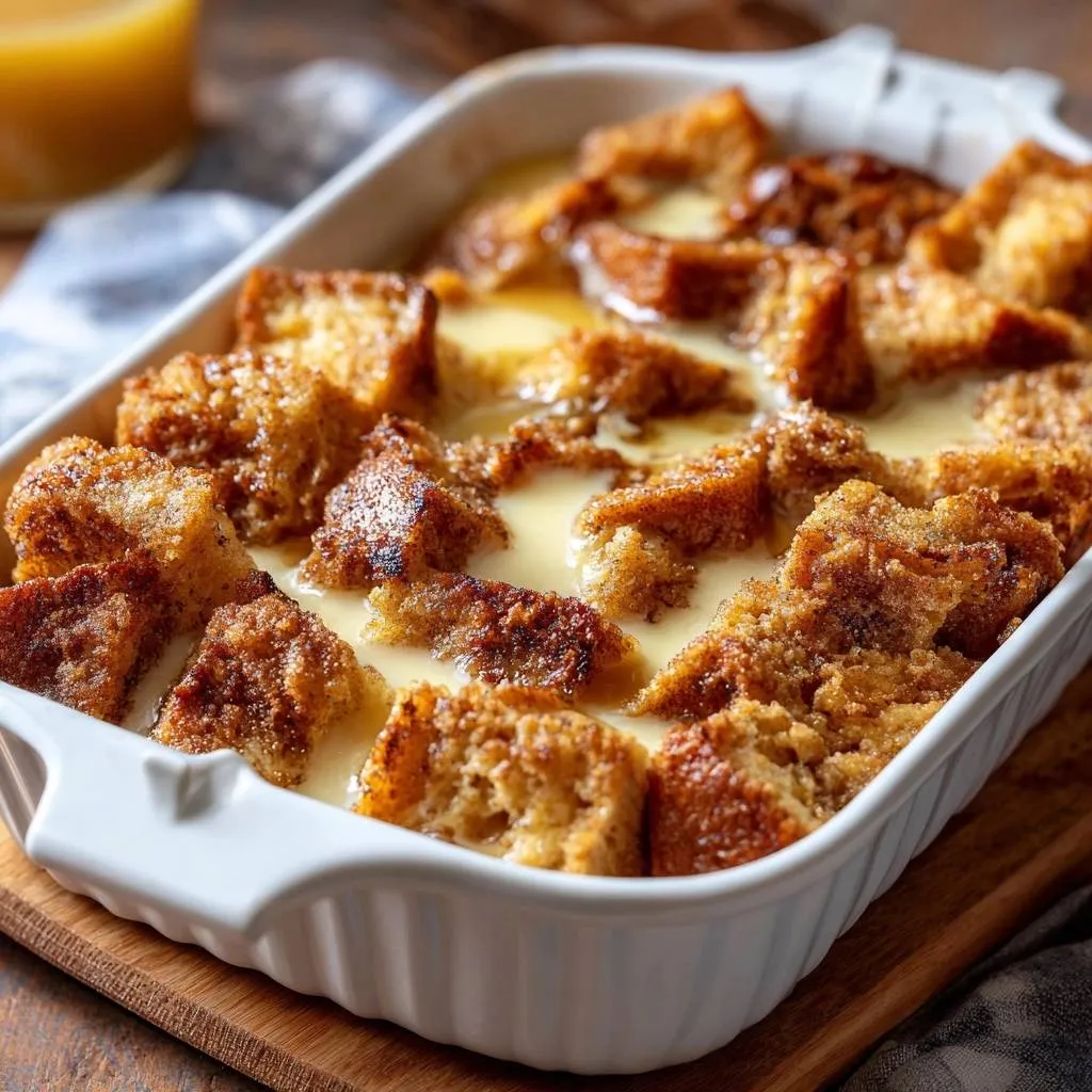 French toast casserole with a crisp top and creamy center, shown in a white baking dish.