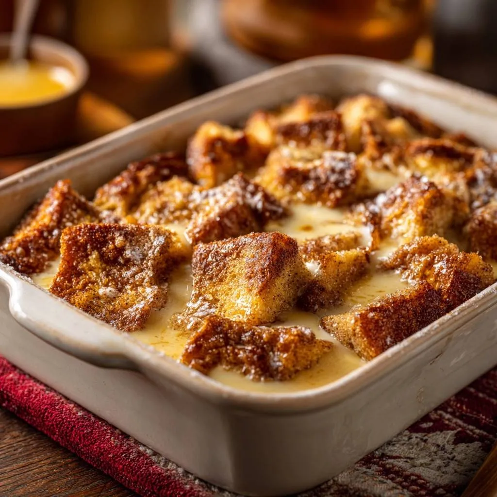 French toast casserole with a creamy center and crisp, cinnamon-dusted bread pieces in a white baking dish.
