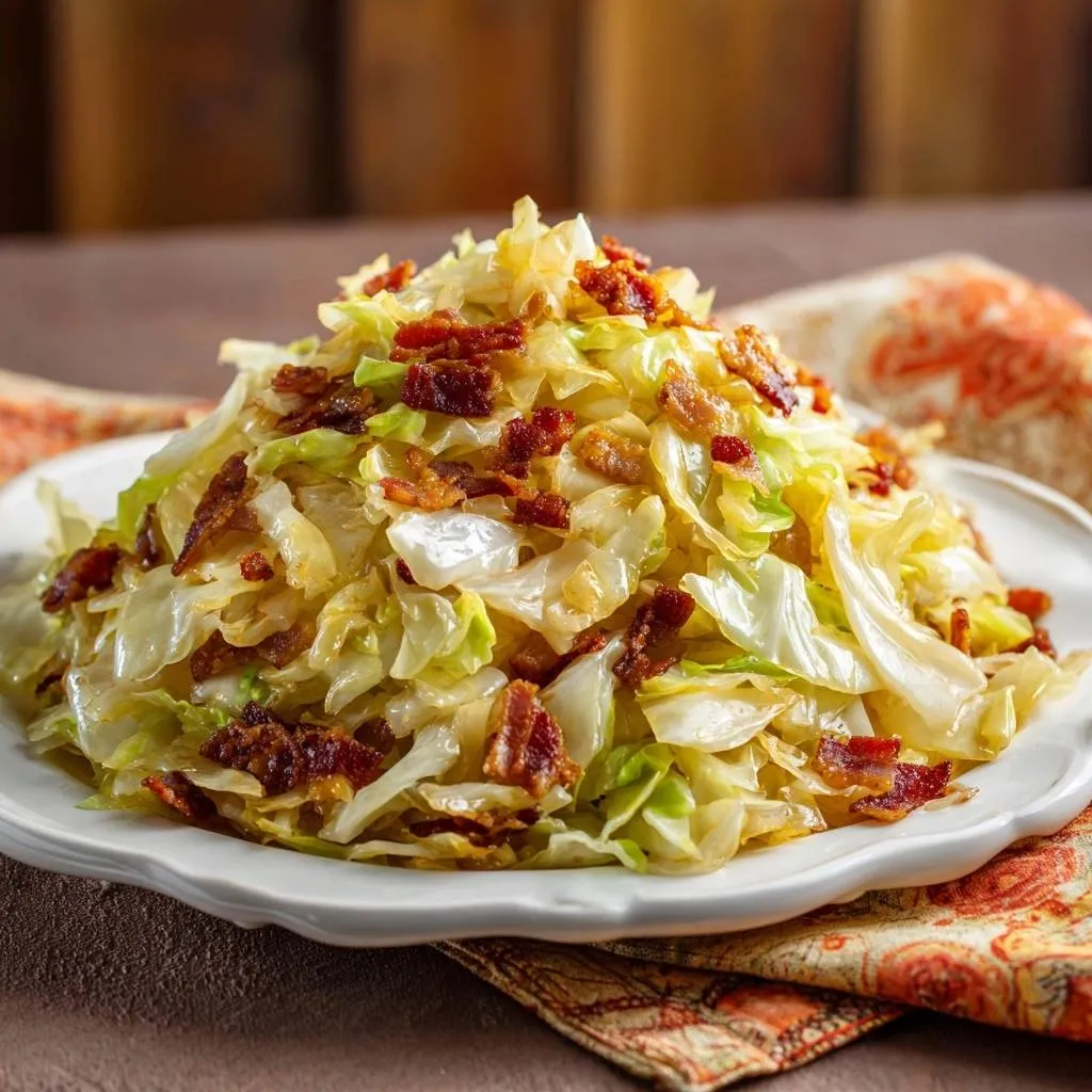Fried cabbage with bacon piled high on a white plate, showing a generous serving.