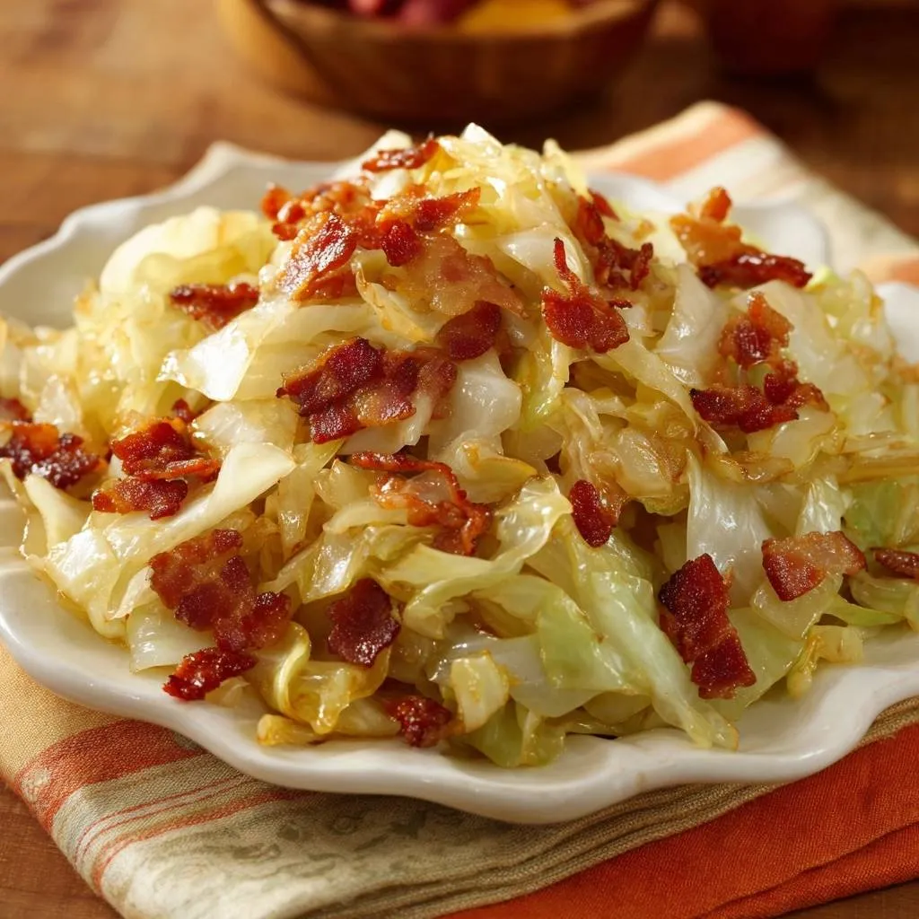 Fried cabbage with bacon served on a white plate, showcasing the tender cooked cabbage and bits of smoky bacon.