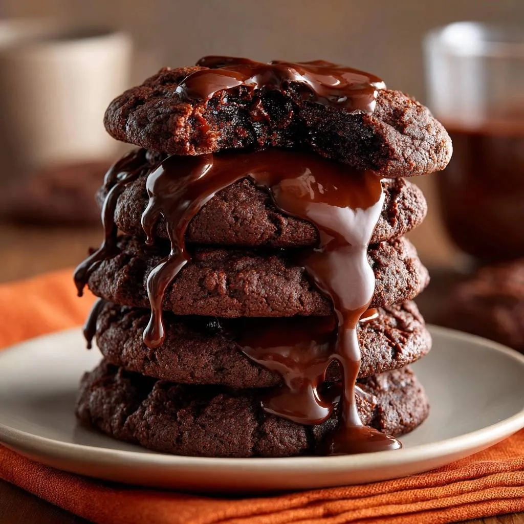 Fudgy chocolate ganache cookies stacked high on a plate with rich chocolate ganache drizzled over the top.