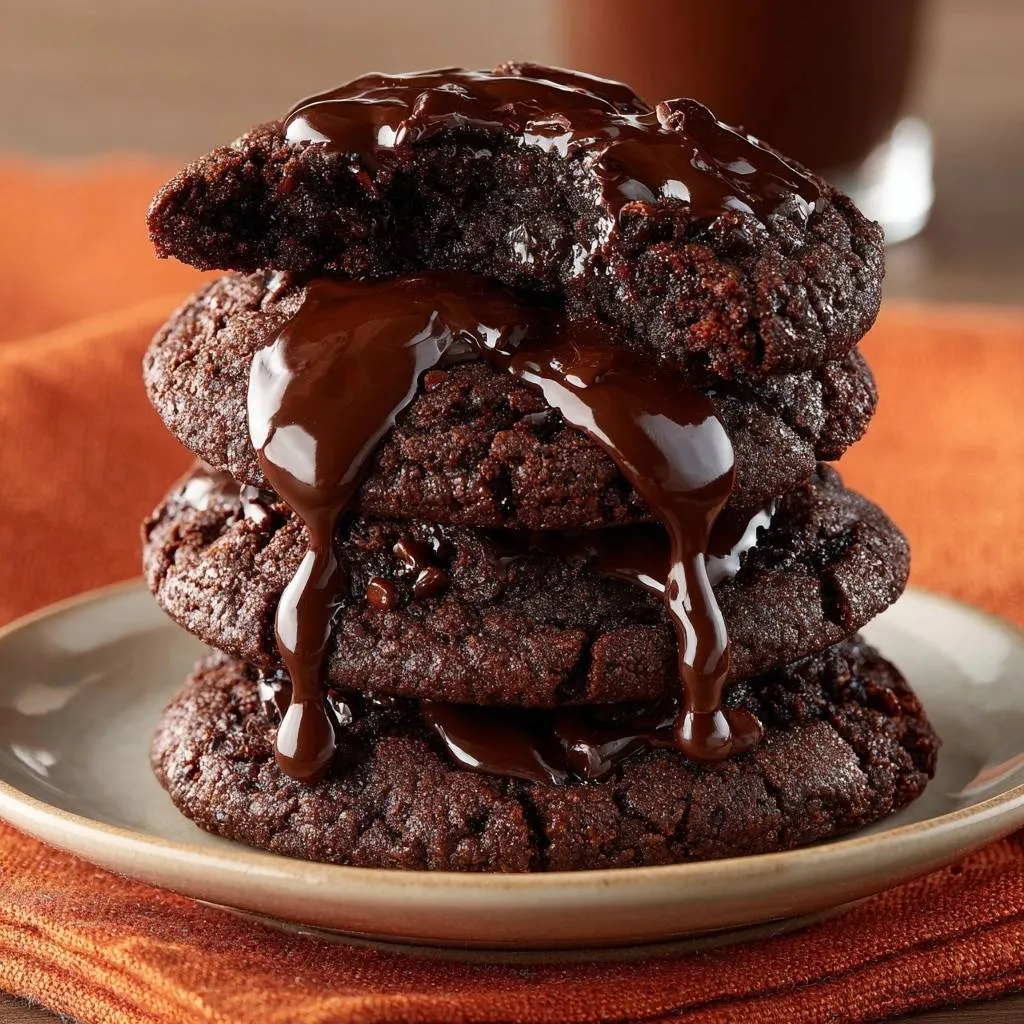 Fudgy chocolate ganache cookies recipe shown stacked high and drizzled generously with melted chocolate glaze.