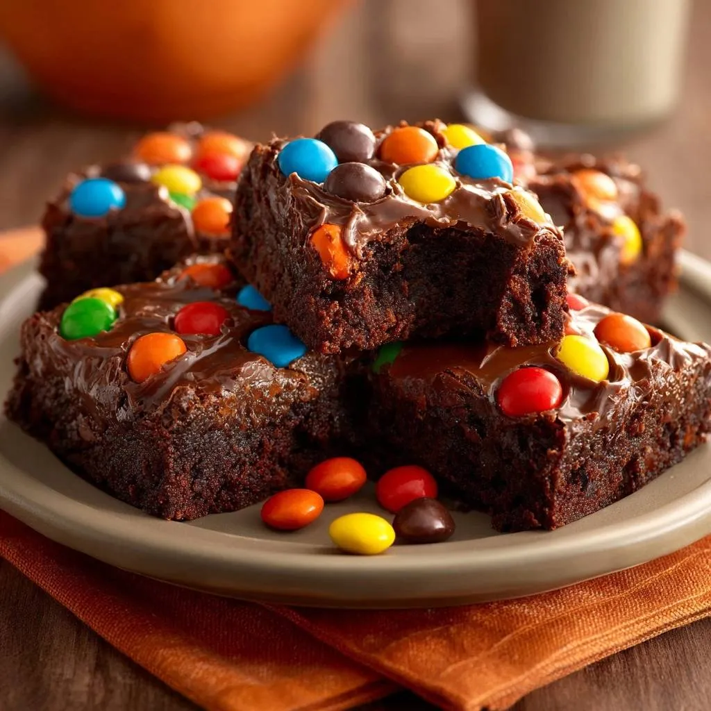 Fudgy M&M frosted brownies stacked on a plate, showcasing a close-up view of the rich chocolate topping and colorful candies.