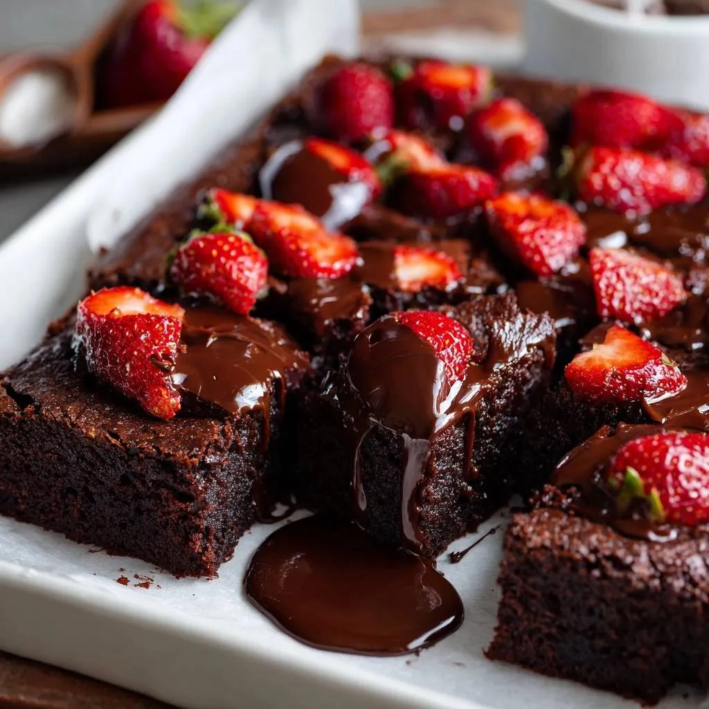 Fudgy strawberry chocolate brownies drizzled with rich chocolate sauce and topped with fresh strawberries.