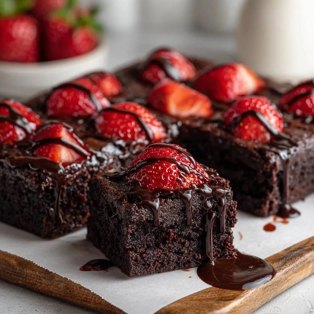 Fudgy strawberry chocolate brownies recipe topped with fresh strawberries and drizzled with rich chocolate sauce.