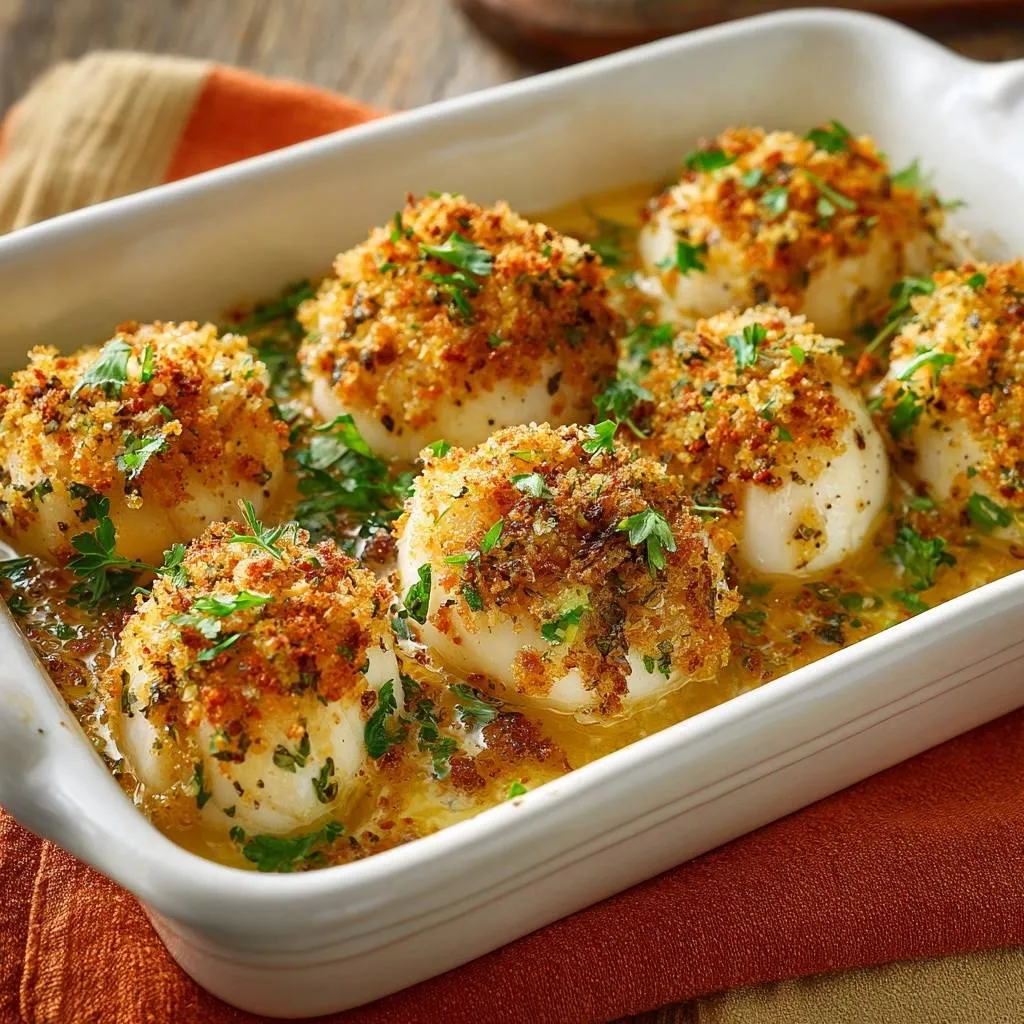 Garlic butter baked scallops with a crispy breadcrumb topping, garnished with fresh parsley, presented in a white baking dish.