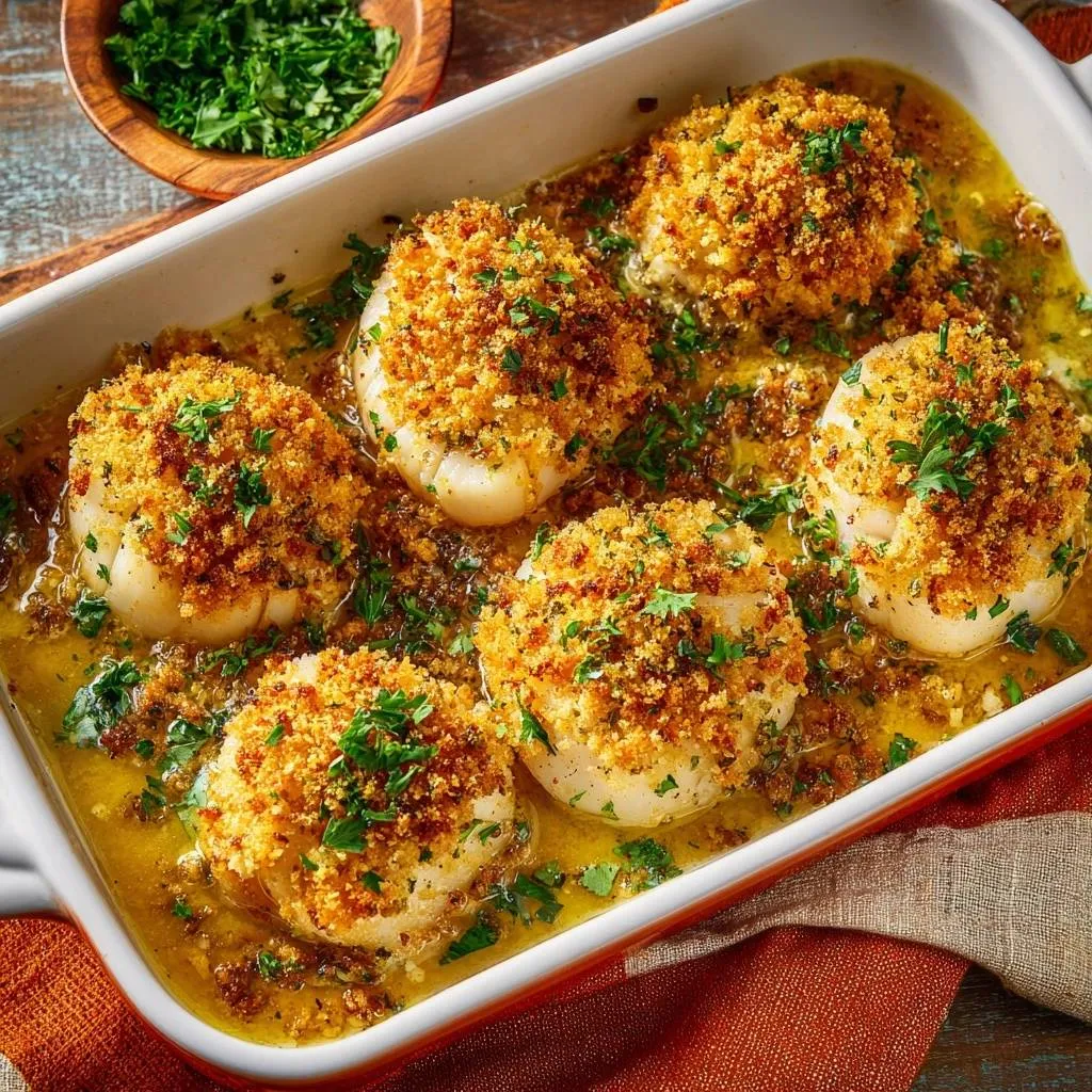 Garlic butter baked scallops with a crispy crust shown in a white baking dish from an overhead perspective.