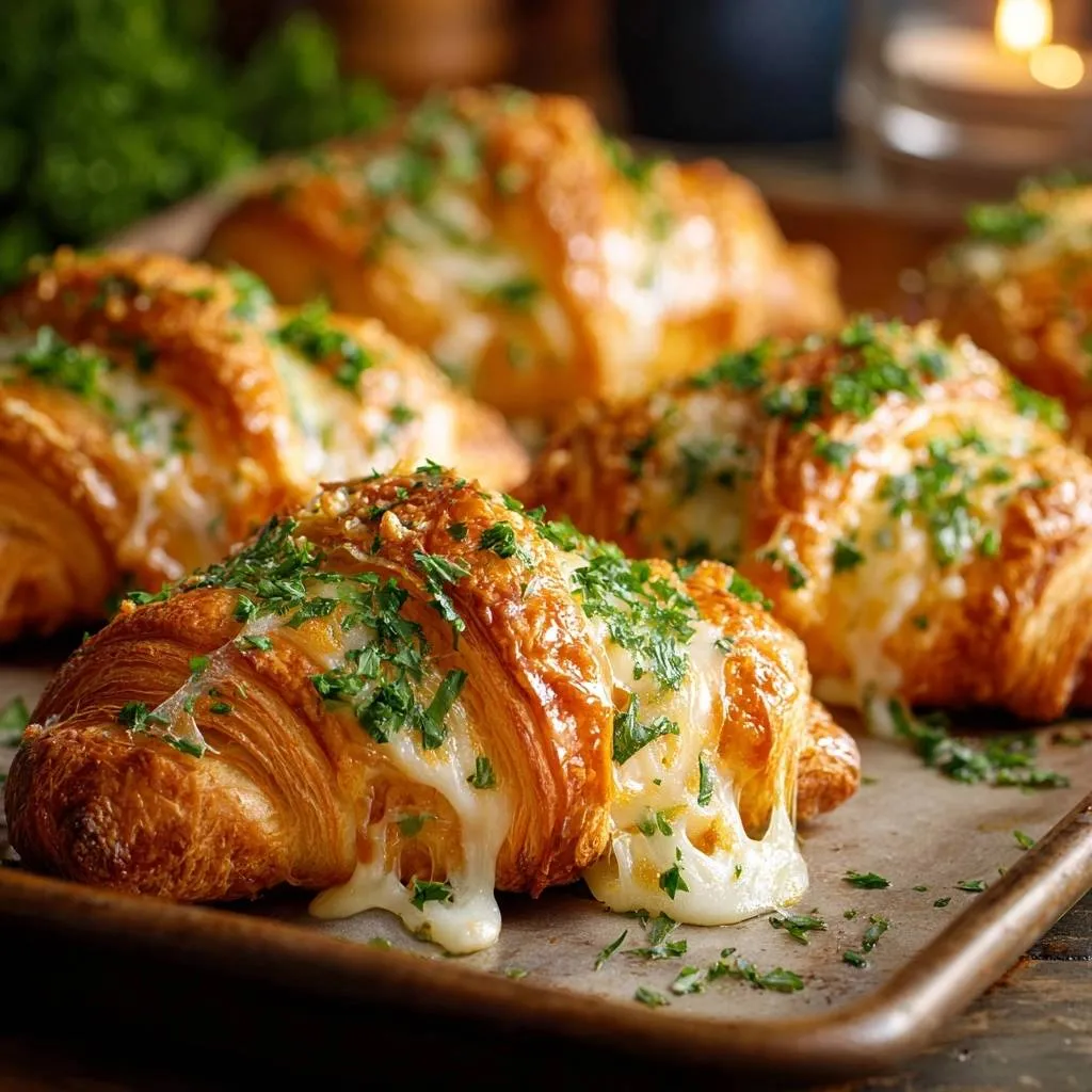 Garlic butter loaded croissants showing a gooey cheese pull and fresh parsley garnish.