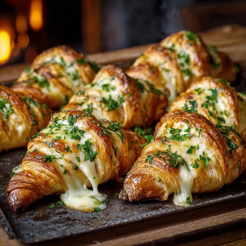 Garlic butter loaded croissants with gooey melted cheese pulling out from the golden-brown pastry, garnished with fresh parsley.