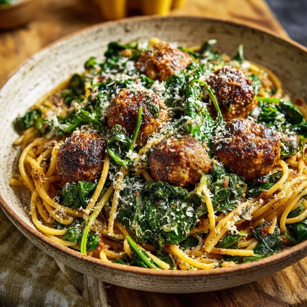 Garlic butter meatball pasta with spinach, shown in a close-up bowl view with grated cheese topping.