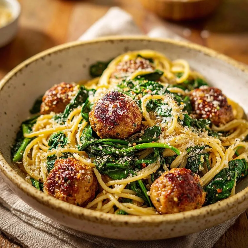 Garlic butter meatball pasta with spinach served in a rustic bowl, with a close-up view of the meatballs and pasta.