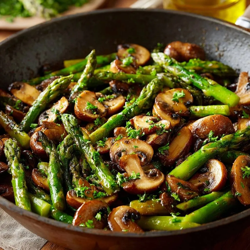 Garlic butter mushroom and asparagus sauté shown in a close-up skillet view with fresh parsley garnish.