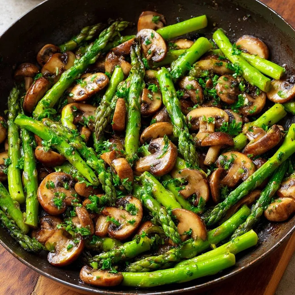 Garlic butter mushroom and asparagus sauté shown in an overhead view within a dark skillet, garnished with parsley.