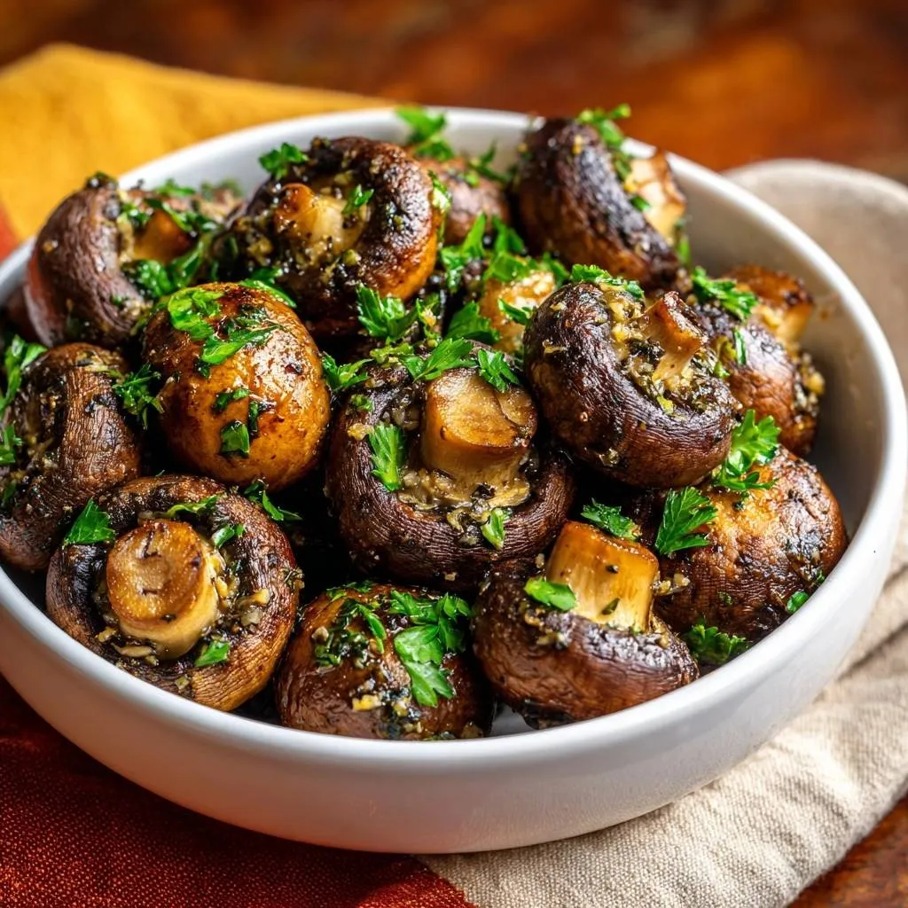 Garlic butter roasted mushrooms are generously garnished with fresh parsley in a white bowl, showcasing their savory texture.