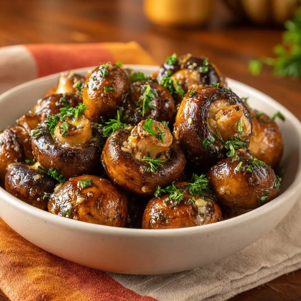 Garlic butter roasted mushrooms shown in a white bowl, garnished with fresh parsley and glistening with sauce.