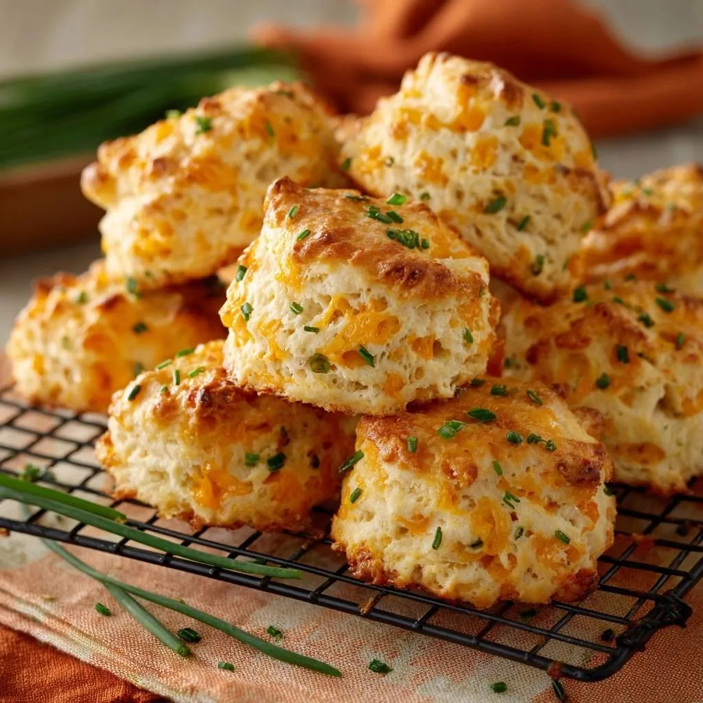 Garlic cheddar chive drop biscuits freshly baked and cooling on a black wire rack with chives.
