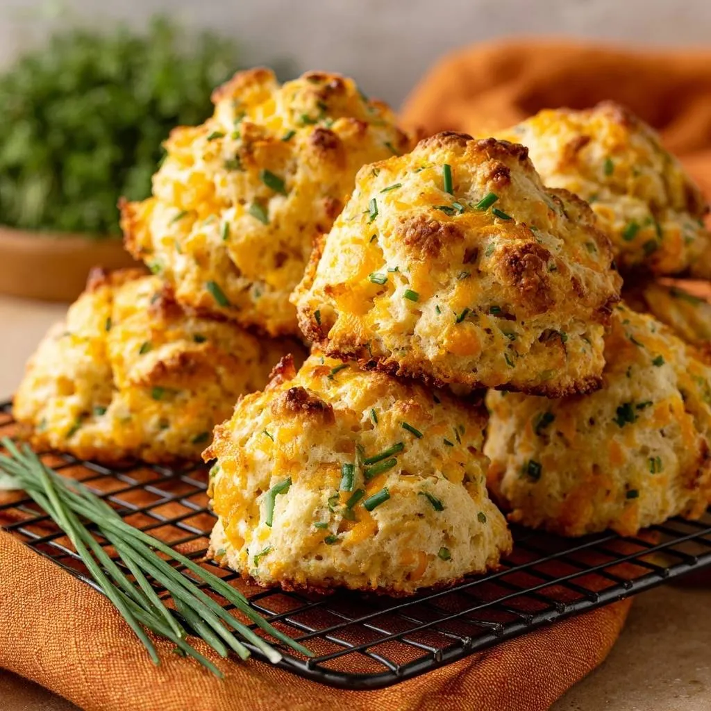 Garlic cheddar chive drop biscuits cooling on a wire rack with fresh chives and orange linen.