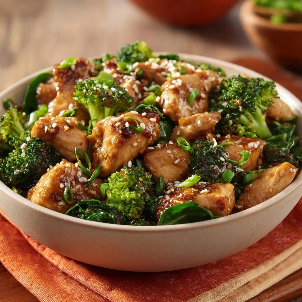 Garlic ginger chicken and broccoli presented in a detailed close-up shot within a serving bowl, garnished with sesame seeds and scallions.