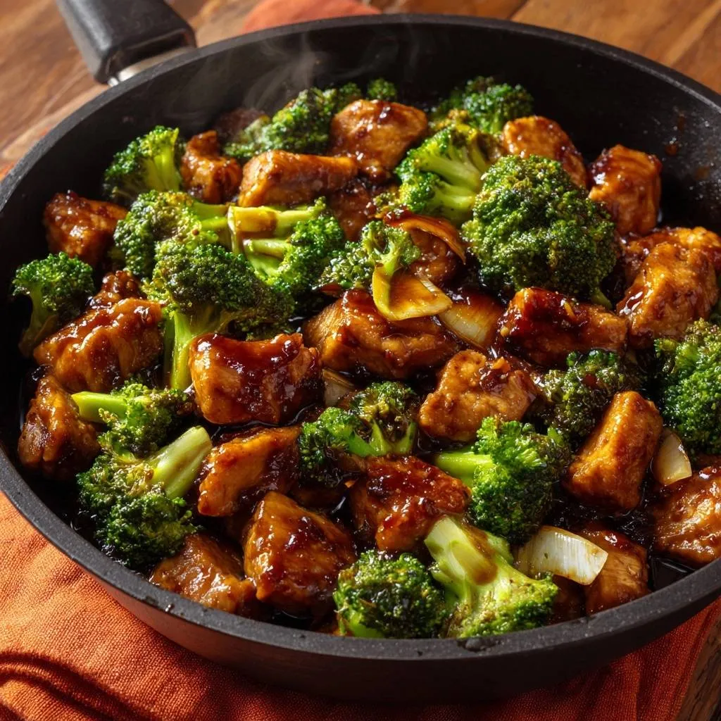 Garlic ginger chicken and broccoli stir-fry glistening in a dark skillet with visible steam rising from the dish.