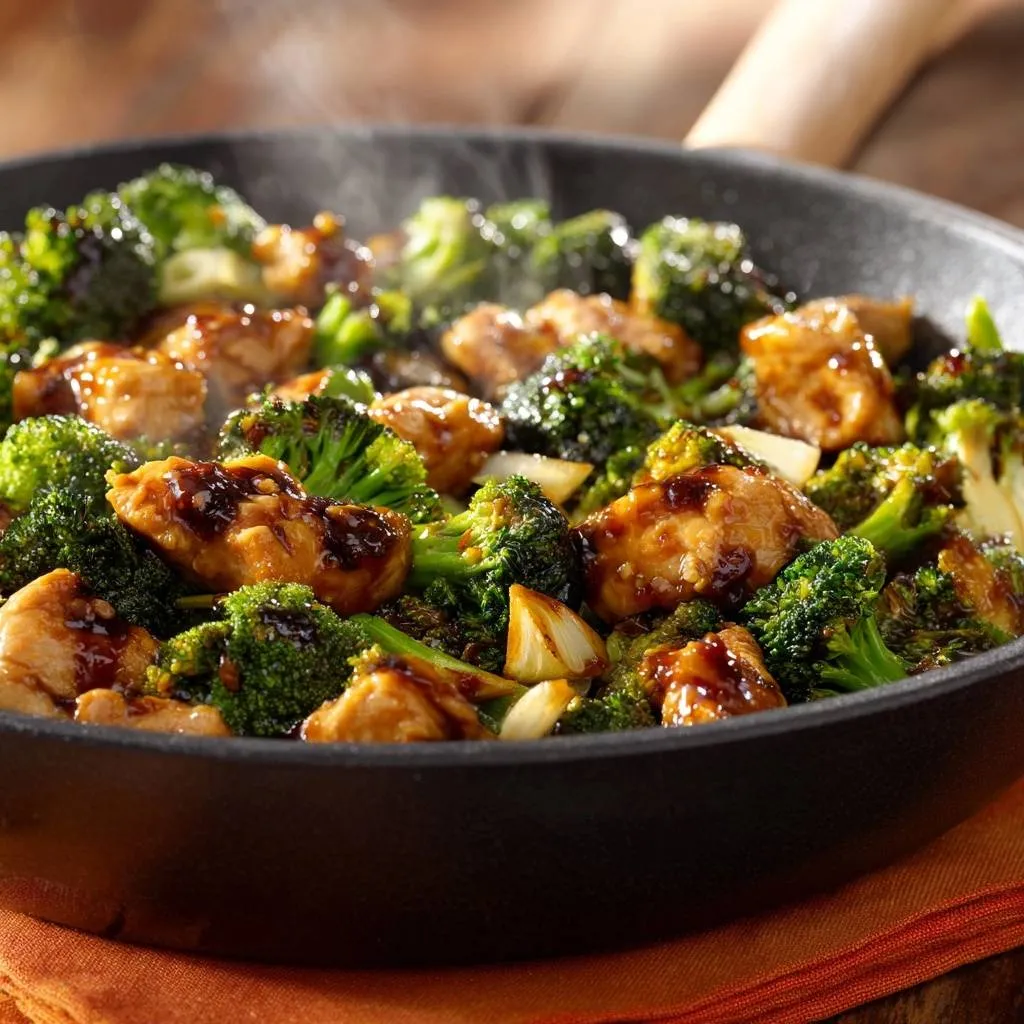 Garlic ginger chicken and broccoli stir-fry steaming in a black skillet, showcasing tender chicken and florets.