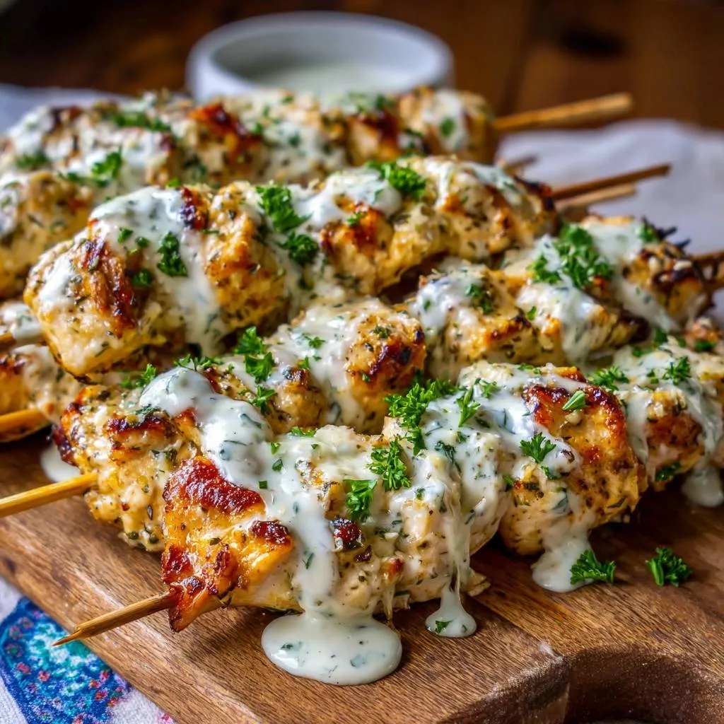 Garlic herb chicken skewers generously drizzled with garlic cream sauce and garnished with fresh parsley.