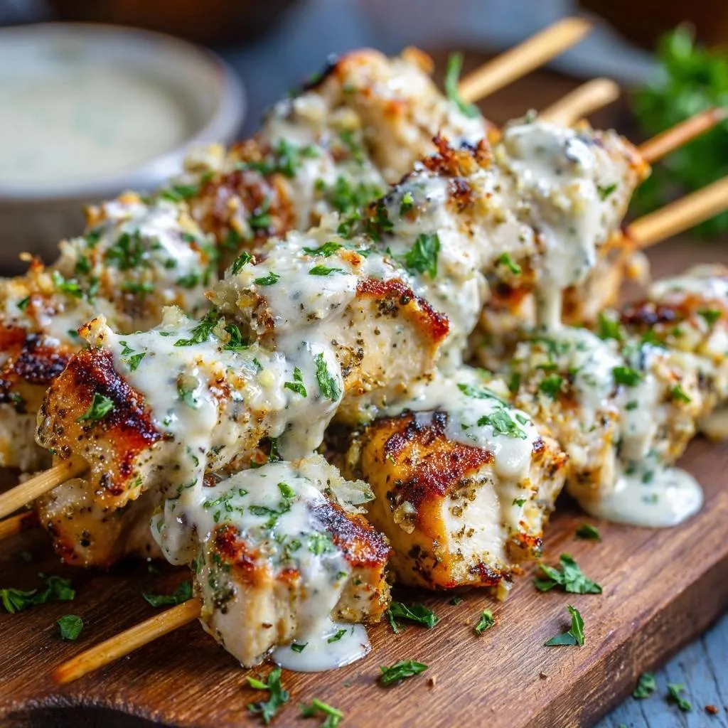 Garlic herb chicken skewers drizzled with creamy garlic sauce and garnished with parsley on a wooden board.