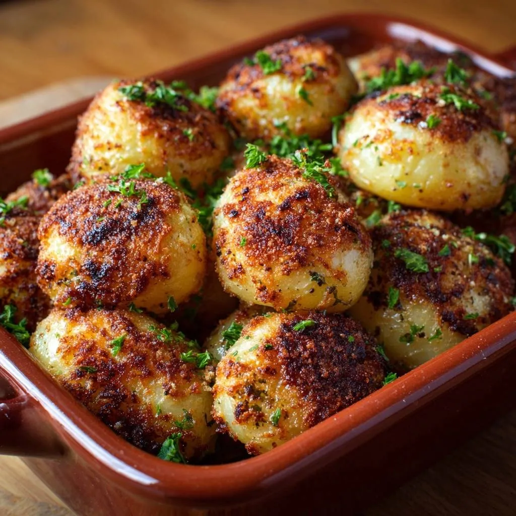 Garlic Parmesan Roasted Potatoes with the Rough-Up Method served in a brown dish, garnished with fresh parsley.