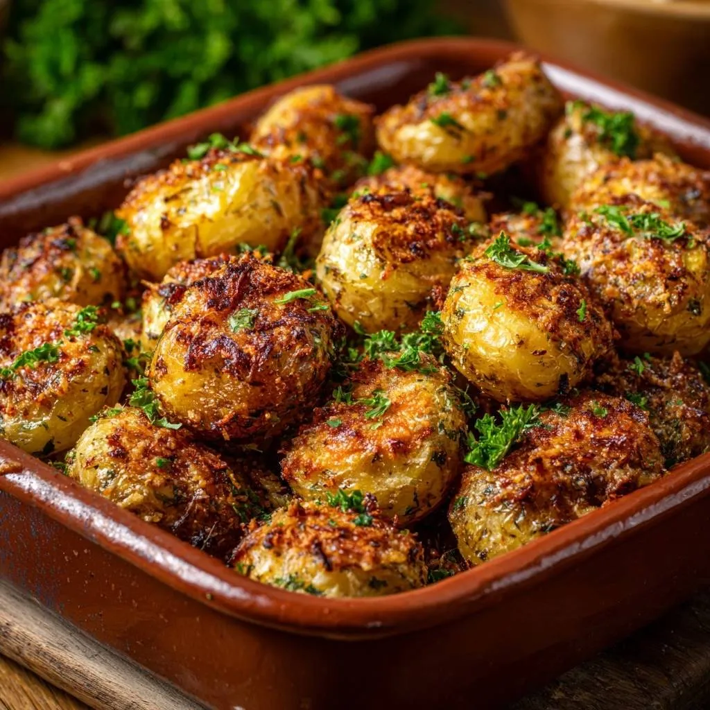 Garlic Parmesan Roasted Potatoes with the Rough-Up Method shown in a close-up view with visible herbs and toasted topping.
