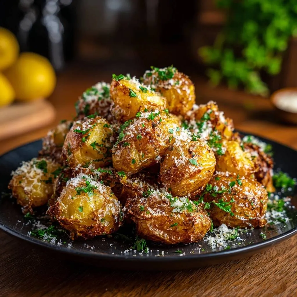 Garlic Parmesan Smashed Potatoes plated and generously garnished with fresh parsley and grated cheese.