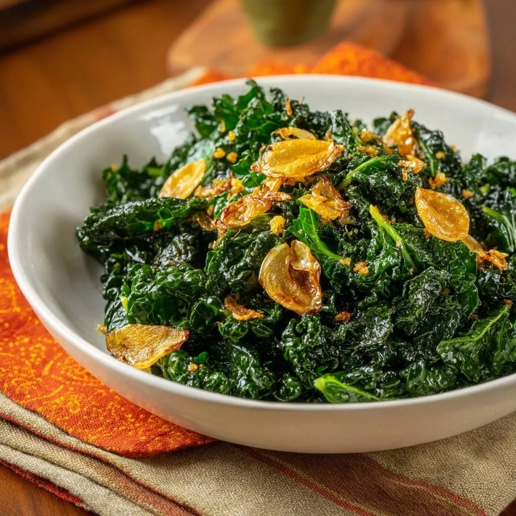Garlic sauteed curly kale featuring prominent golden-brown garlic slices as a topping in a white bowl.