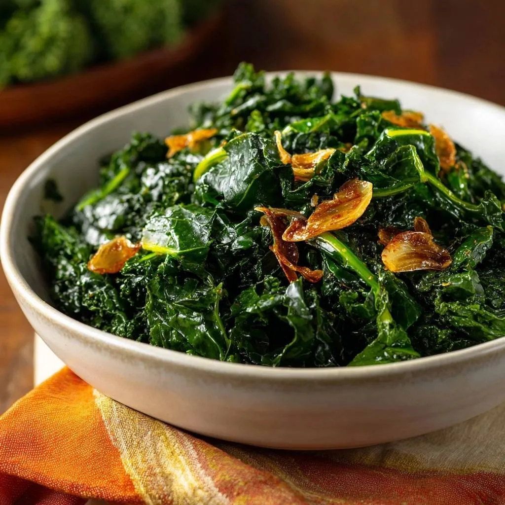 Garlic sauteed curly kale with crispy fried garlic slices as a garnish in a white bowl.