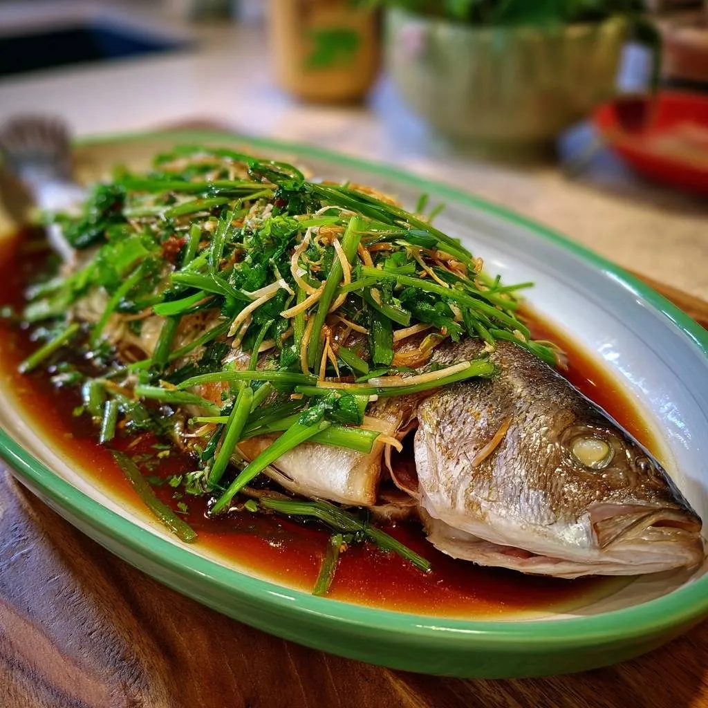 Ginger soy steamed whole fish garnished with scallions and ginger served in a light soy sauce on a tray.