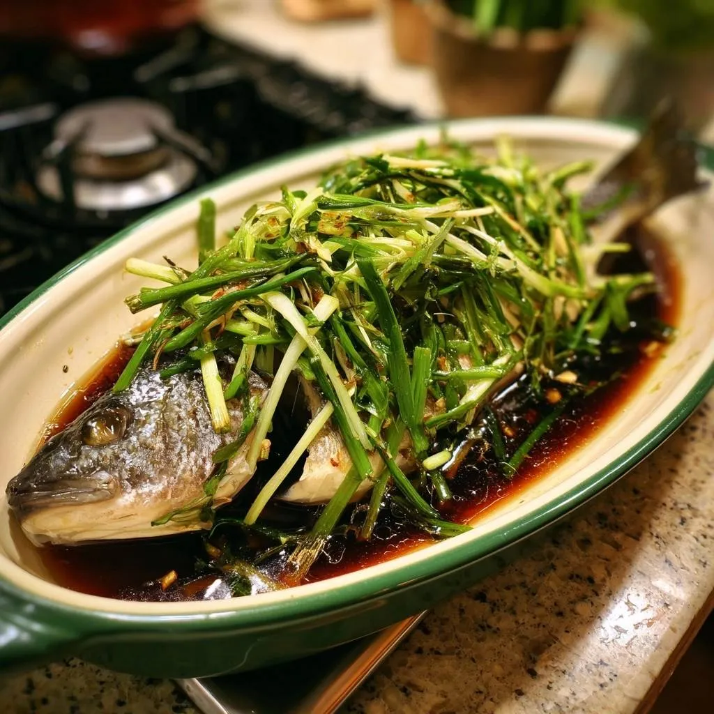 Ginger soy steamed whole fish glistening in dark sauce, topped with fresh green onions.