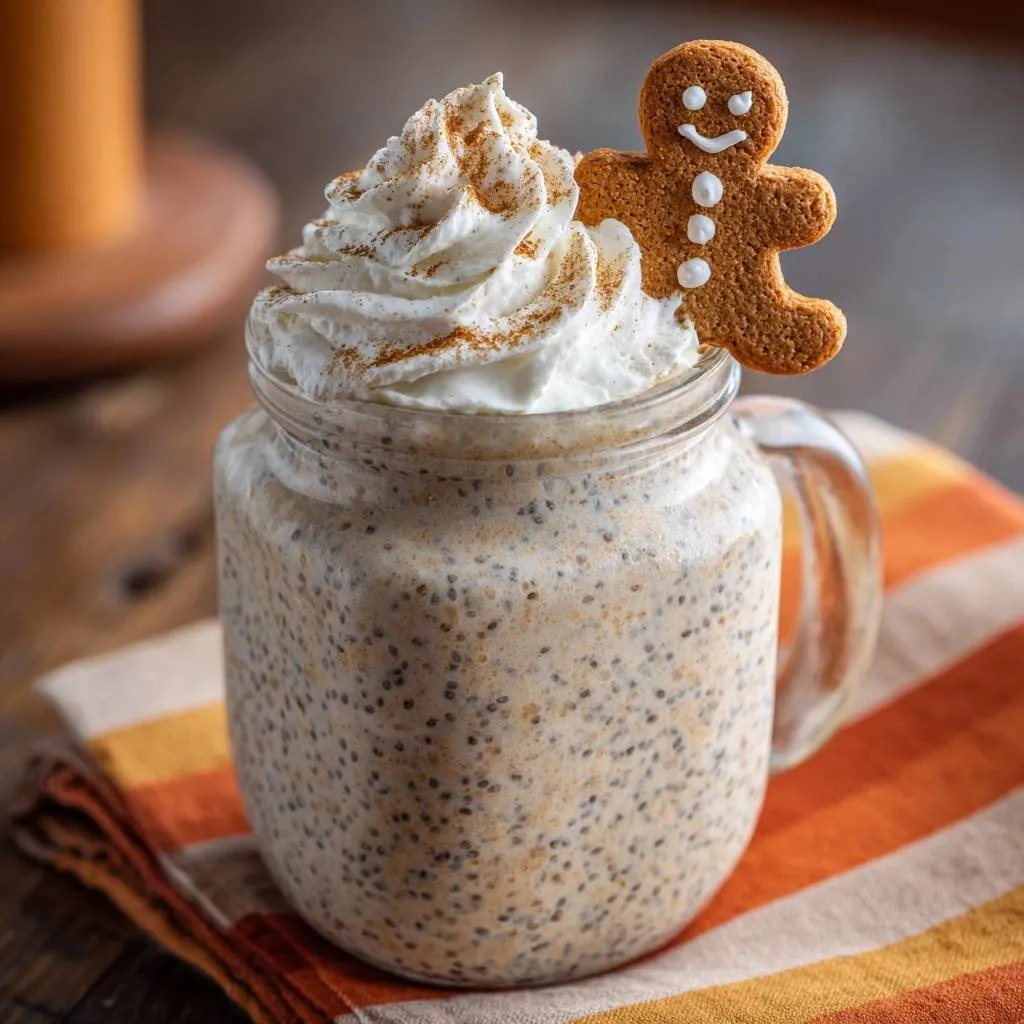 Gingerbread chia overnight oats topped with whipped cream and a gingerbread man cookie garnish.