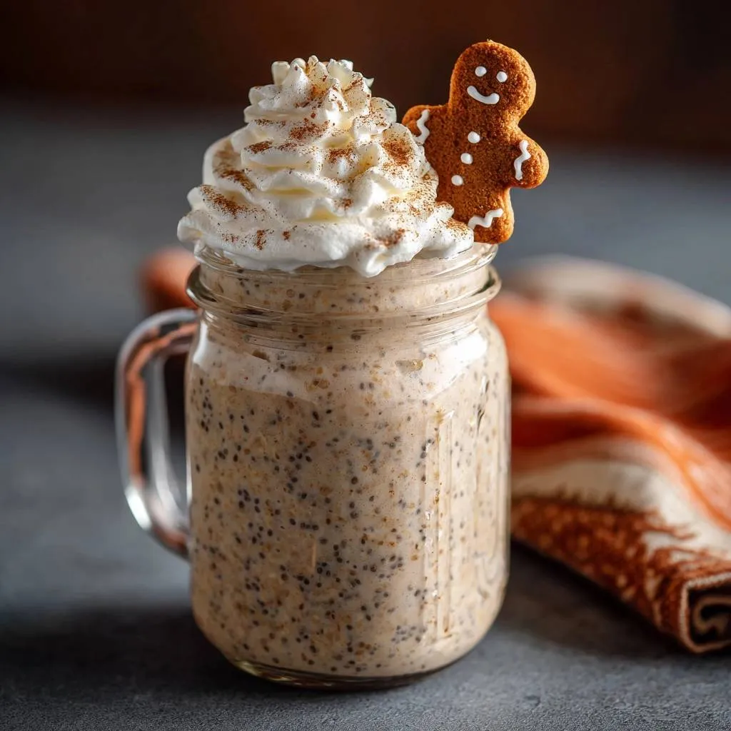Gingerbread chia overnight oats topped with whipped cream and a gingerbread man garnish in a mason jar.