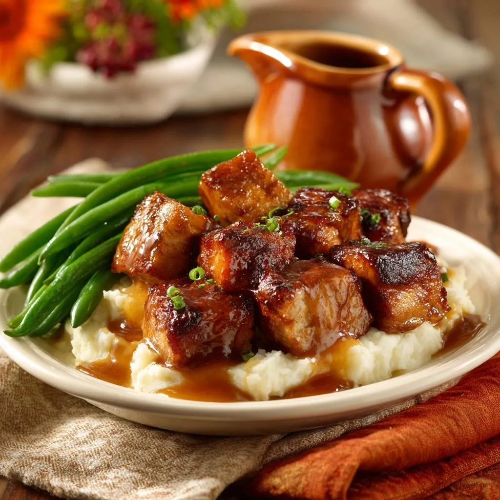 Glazed beef tips and mashed potatoes plated with green beans and gravy, a close-up view.