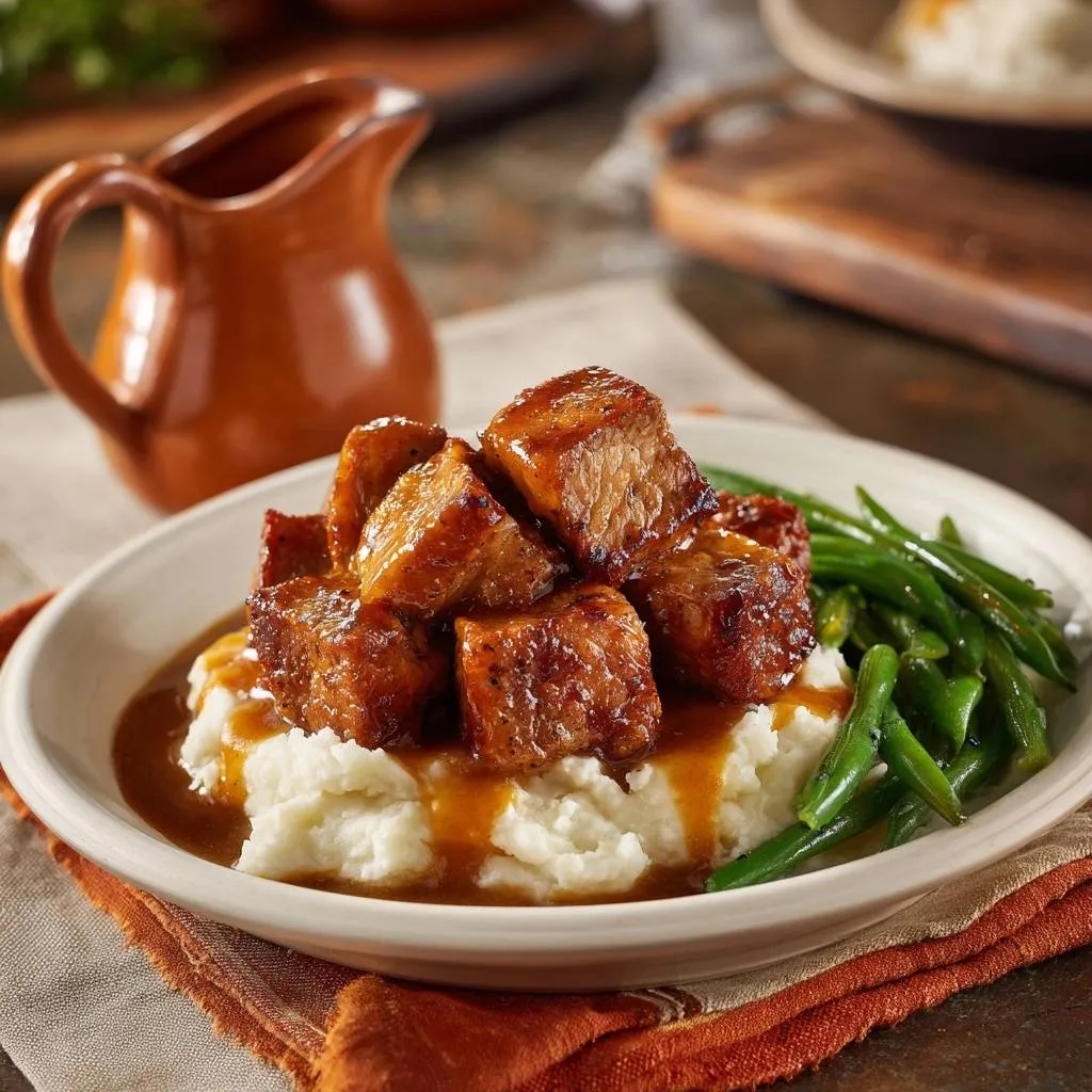 Glazed beef tips and mashed potatoes plated with green beans, shown from a slight side angle with a gravy boat in the background.