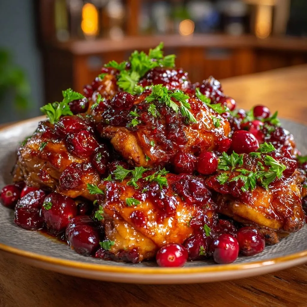 Glazed cranberry roasted chicken thighs with a close-up view of the fresh parsley garnish.
