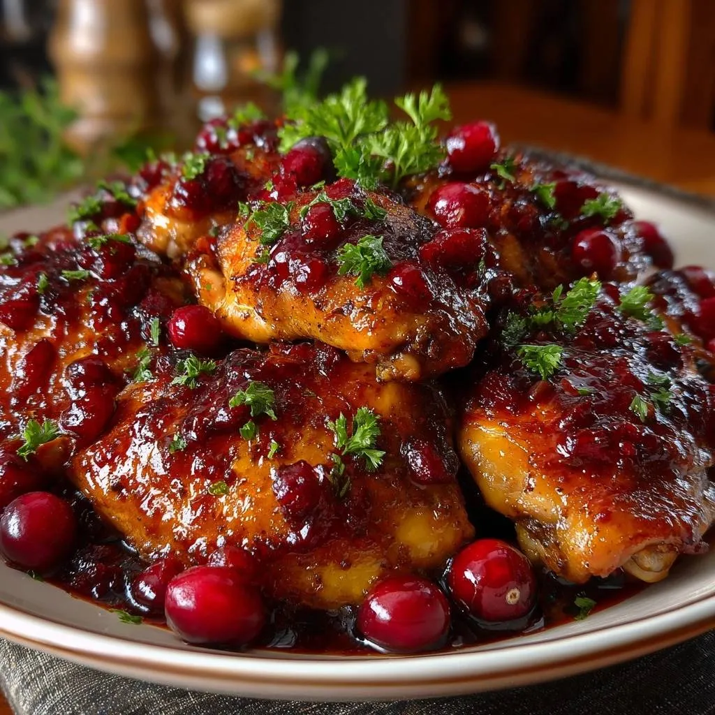 Glazed cranberry roasted chicken thighs with a close-up view of the glistening glaze and fresh parsley garnish.